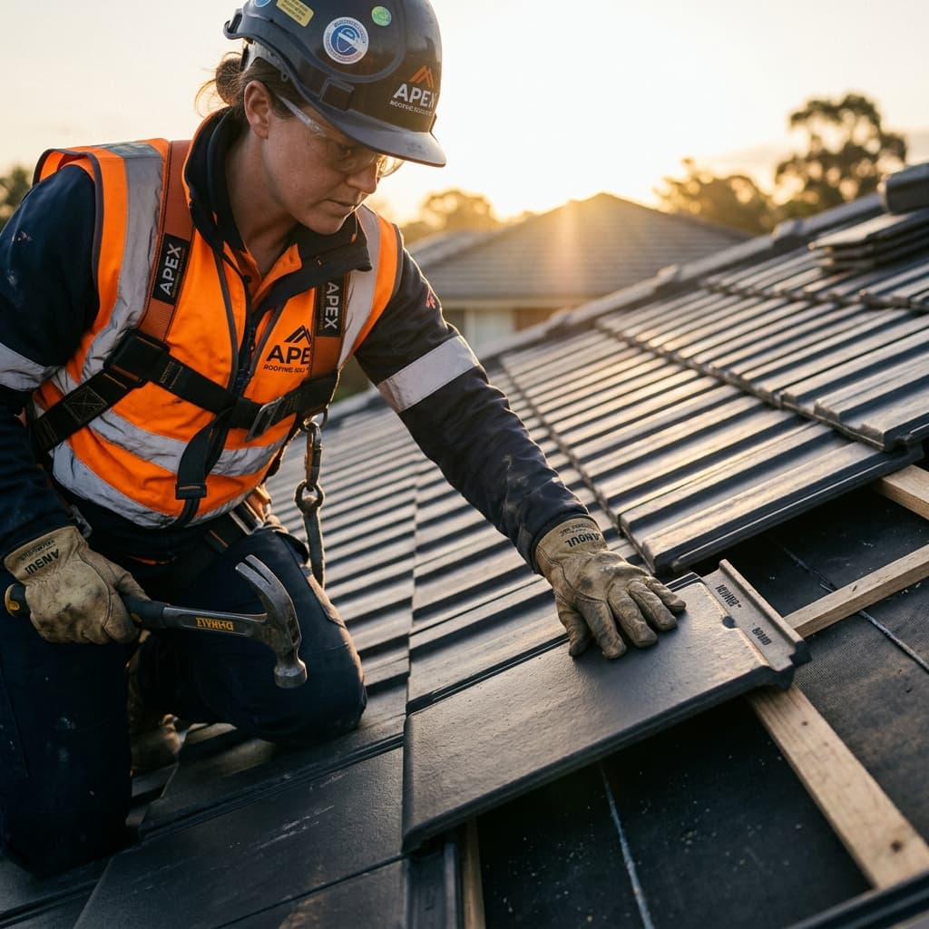 Experienced Roofer putting tile on home roof